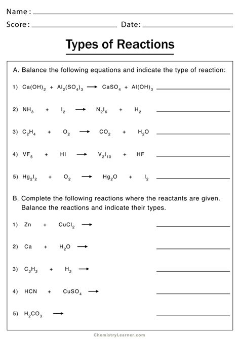 types of reactions worksheet